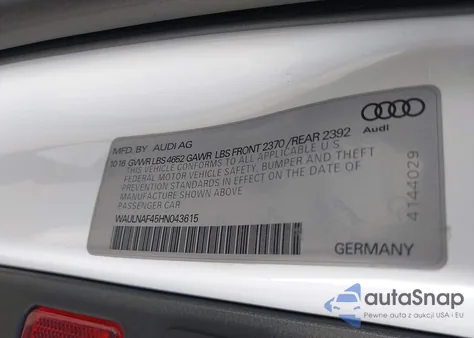 2017 Audi A4 2.0T Premium из США, поврежденный, VIN WAULNAF45HN043615